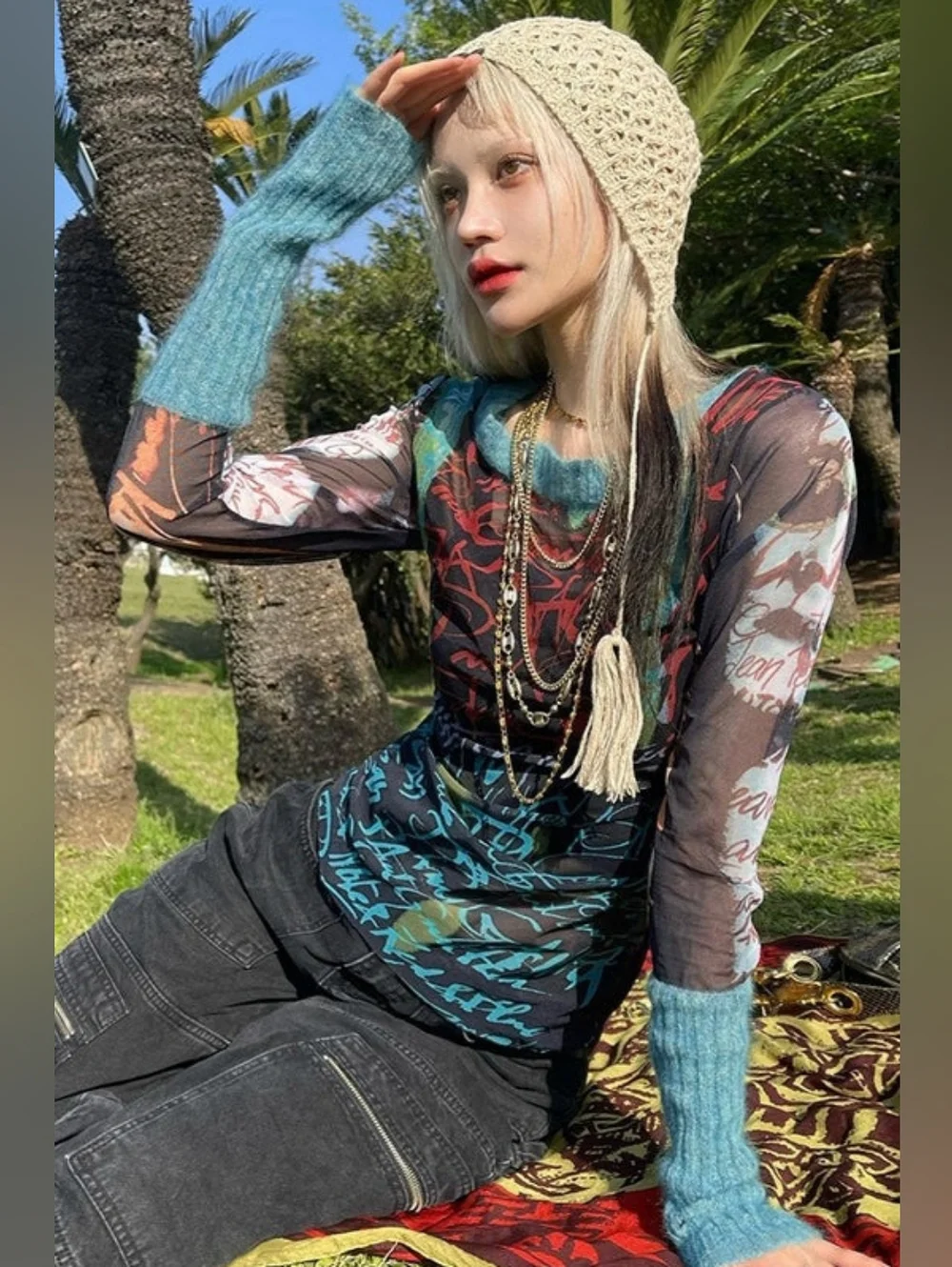 Y2K Vintage Sheer Slim Top Long Sleeve Round Neck Pattern Print Mesh Patchwork S - Picture 5 of 17